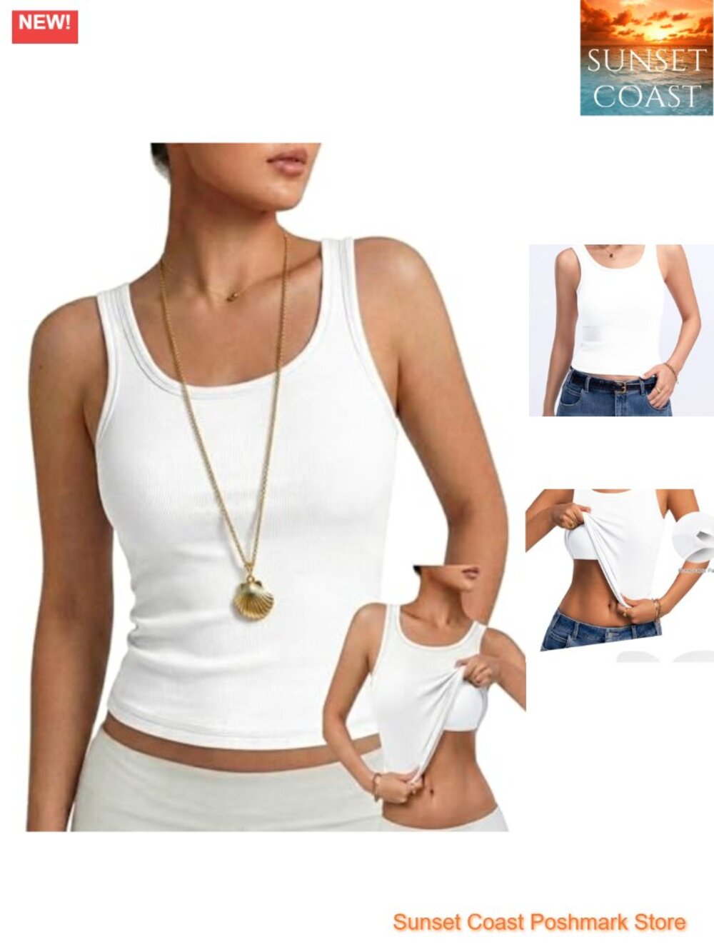 Women's Ribbed Tank Top with Built-in Removable Bra Pads Sleeveless